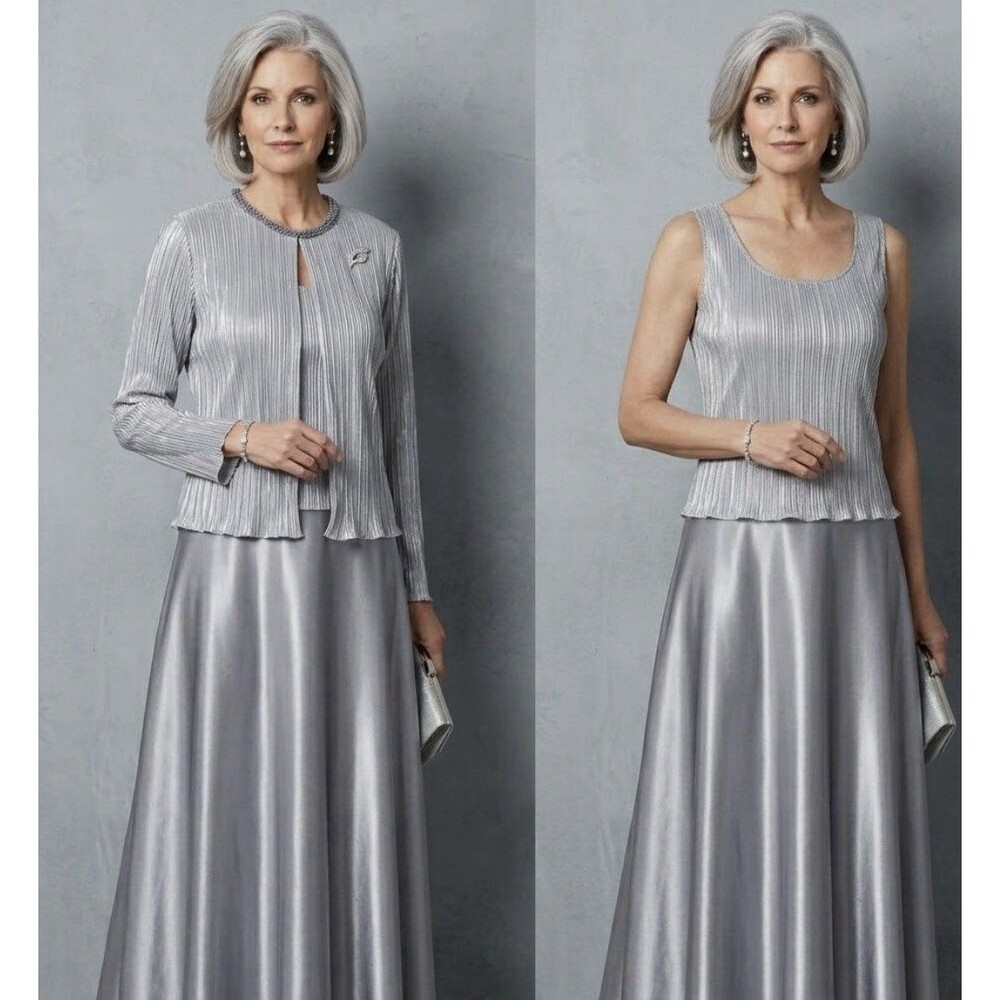 Cachet Elegant 2 Piece Dress Ensemble Formal Gown & Pleated Jacket Evening Satin